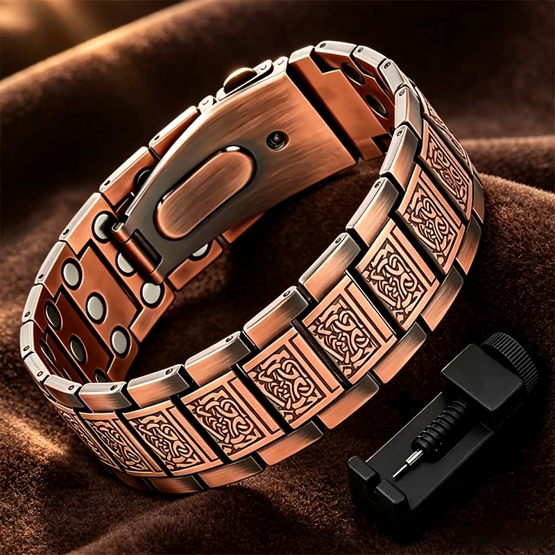 TEMU 2pcs Men's Copper Magnetic Bracelet And Size Adjustment Tool, Solid Copper Magnetic Chain Bracelet, With Magnet, Folding Buckle Bracelet, With