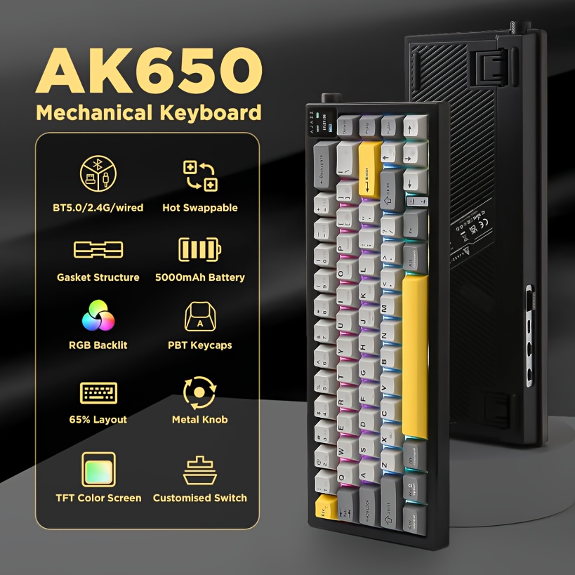 Image of Ak650 Wireless Mechanical Keyboard With Screen, Knobs, Rgb Lighting, Music | 65pcs Layout, 5000mah Battery, Switching, Adjustable Stand, Wireless & Type-c Charging