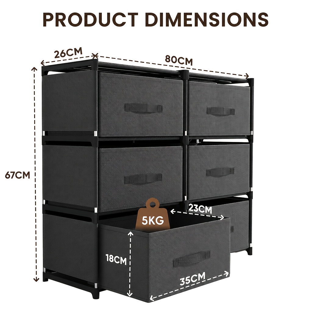 Image of 6 Drawer Fabric Dresser With Metal Frame, Cabinet Organizer For Clothes, Sturdy Storage Cabinet For Bedroom & Living Room, Suitable For Toys & Cosmetics, Black, Mounted Closet Systems