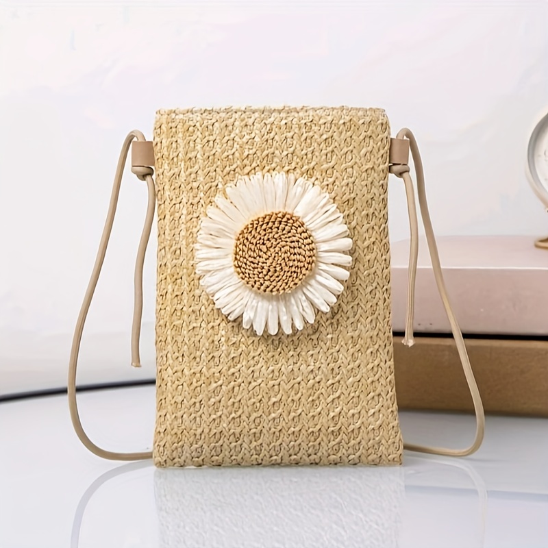 

Women's Mini Boho Weave Crossbody Bag, Small Daisy Sunflower Clutch, Simple Straw Shoulder Purse