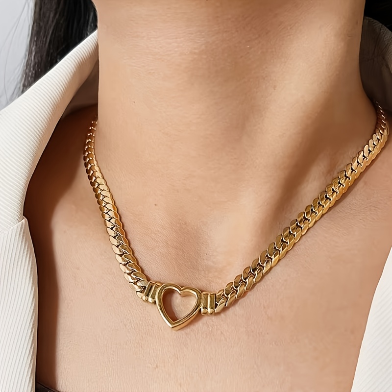 TEMU 1pc de chaîne cubaine tendance en acier inoxydable 316 plaquée or 18K avec pendentif creux de cœur | Tissage multifonctionnel de cervicale,
