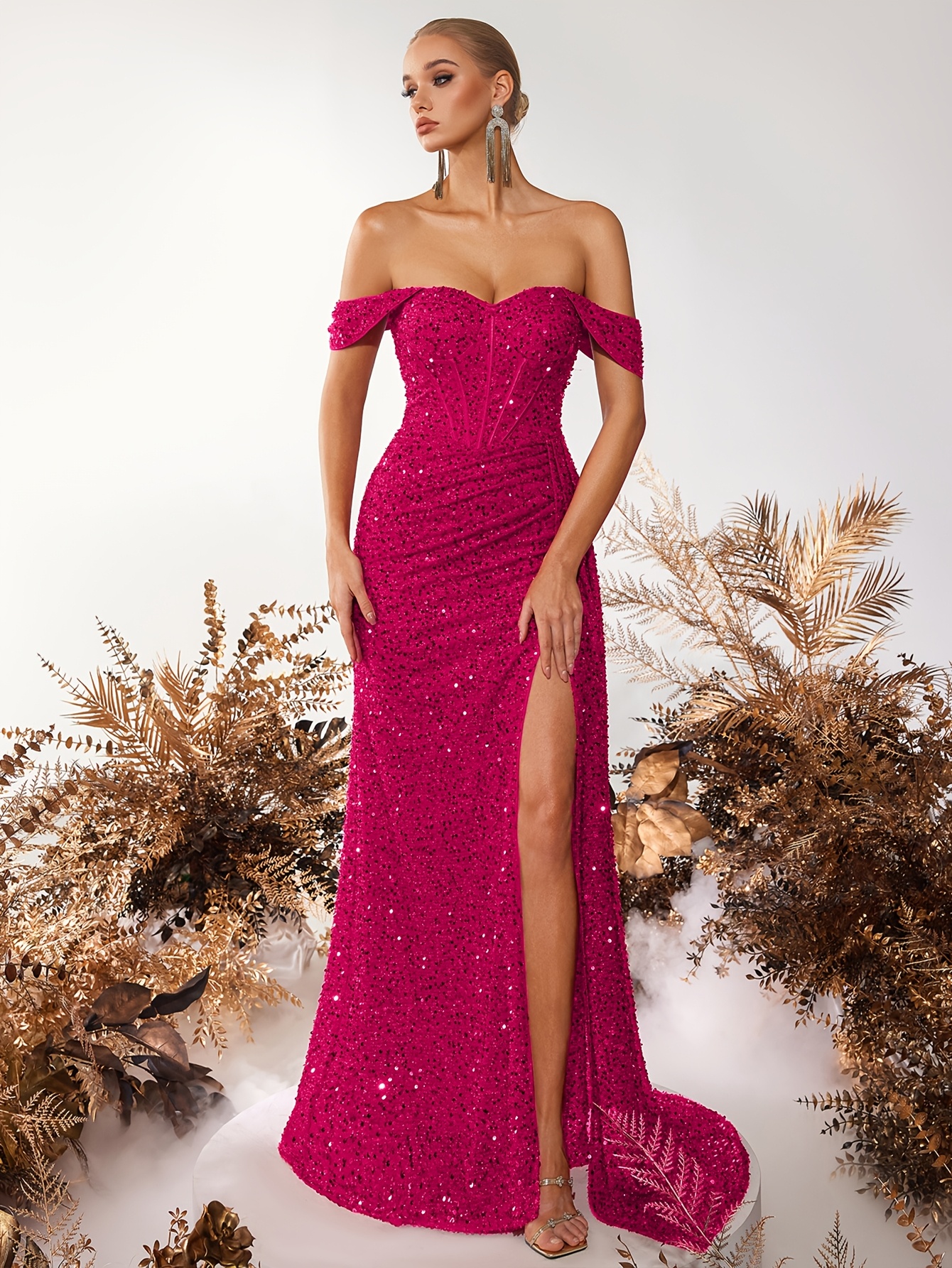 elegant sparkling one shoulder boat neck mermaid party dress - Temu