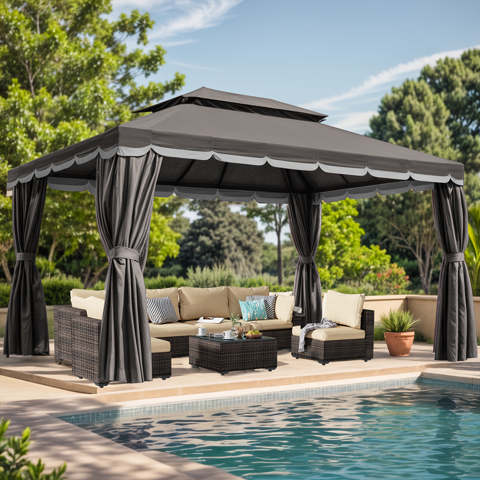 

10'x13' Outdoor Patio Gazebo, Heavy Duty Party Tent & Shelter With Double Roofs, Mosquito Nettings And Curtains For Backyard, Patio, Deck, Parties, Garden, Lawn