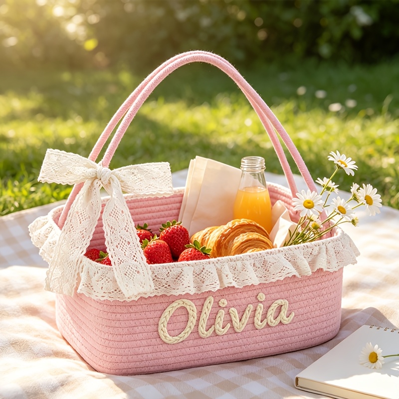 Custom Name Storage Basket with Lace Trim, Handheld Organizer