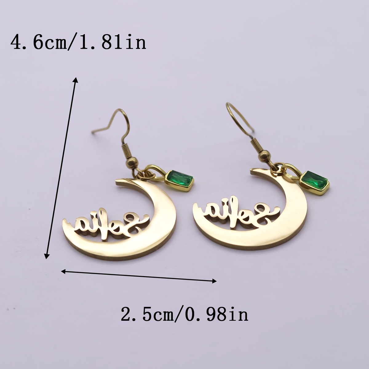Personalized Green Crescent Moon Name Earrings, Gift for Her