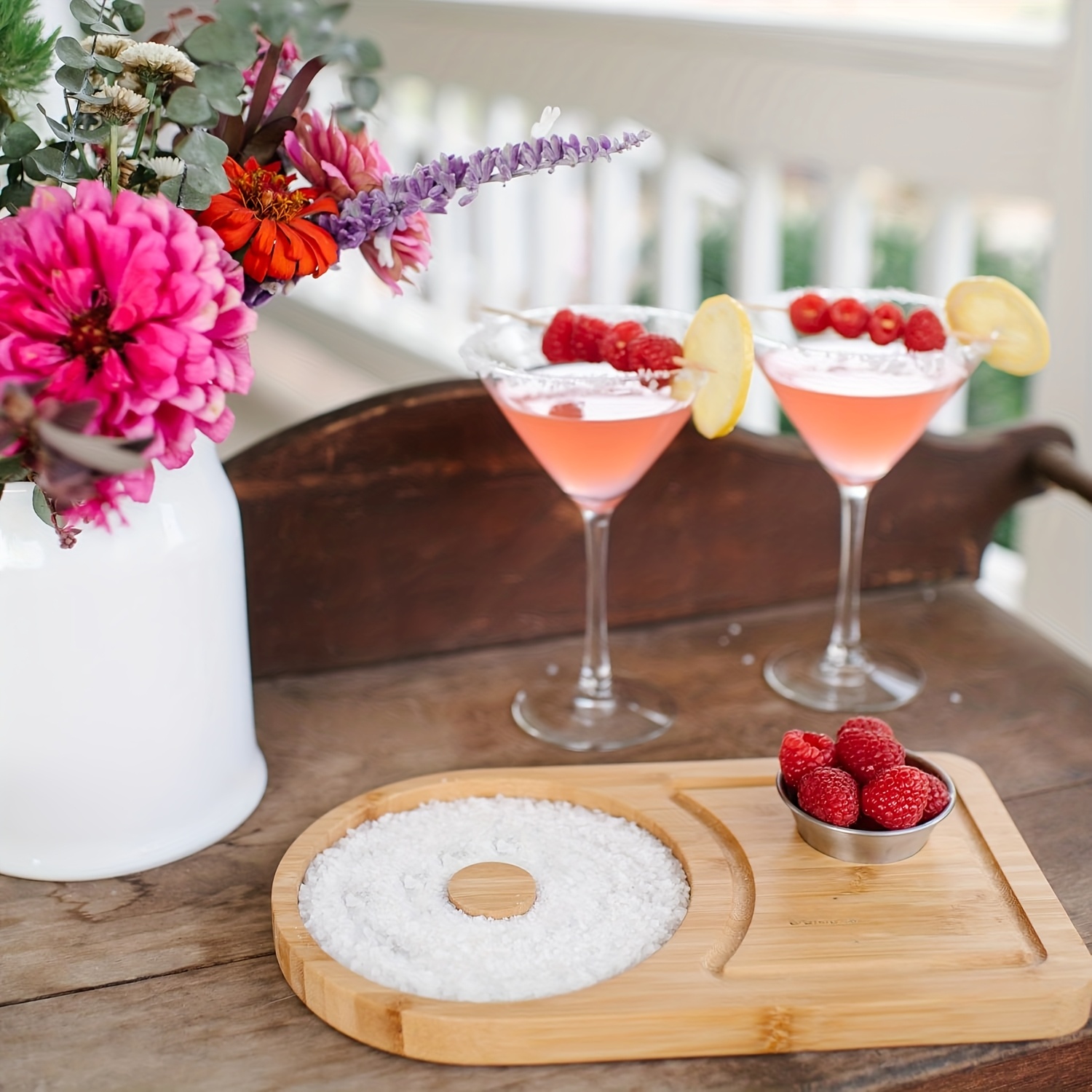 Set de Margaritas de Madera de Bambú, Adecuado para Aros de hasta 15.24 cm, Incluye un Cuenco y Espacio para Aderezos de Margarita, Perfecto para Azúcar de Cóctel