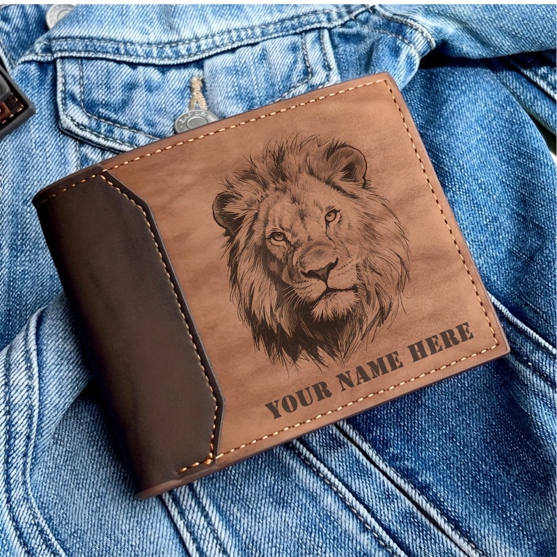 Image of Personalized Men's Wallet With Name Engraving Lion Print Short Gift For Friend Husband Or Boyfriend