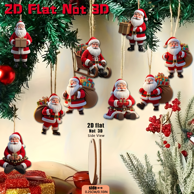 2D Flat, 2D Flat 9pcs Set of Kind and Jolly Santa Claus Series Retro Wooden Hanging Ornaments - Christmas Tree Decorations, No Wiring Needed for Home Doors/Windows Fireplace Branches Party Gifts, 2D Flat