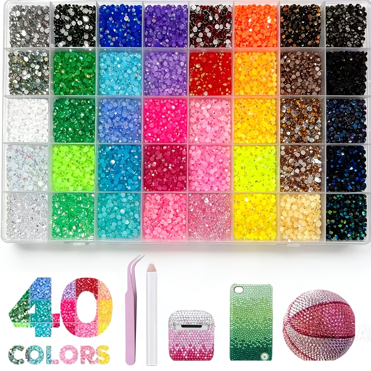 TEMU 40 colores, tamaño de 3 mm, pedrería de para de uñas, con pinzas rosas y bolígrafo para pedrería, para decoración DIY, decoración de ropa,