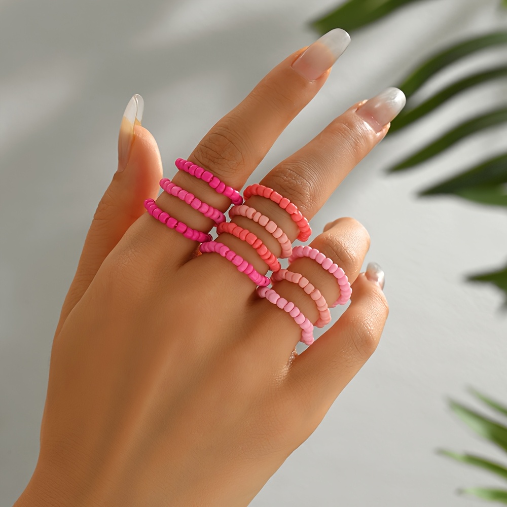 Set Of 10 Women's Trendy Stacking Rings, Featuring A Style With Mixed Colors, Pink Gradient Elastic Cord Rings, A Layered Beaded Ring Set Made Of Glass Material, Perfect For Beach Vacations