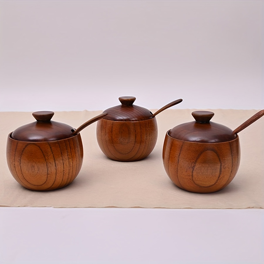 

Pot à Sel en Bois avec Cuillère et Couvercle - Contenant d'Assaisonnement de Cuisine Original