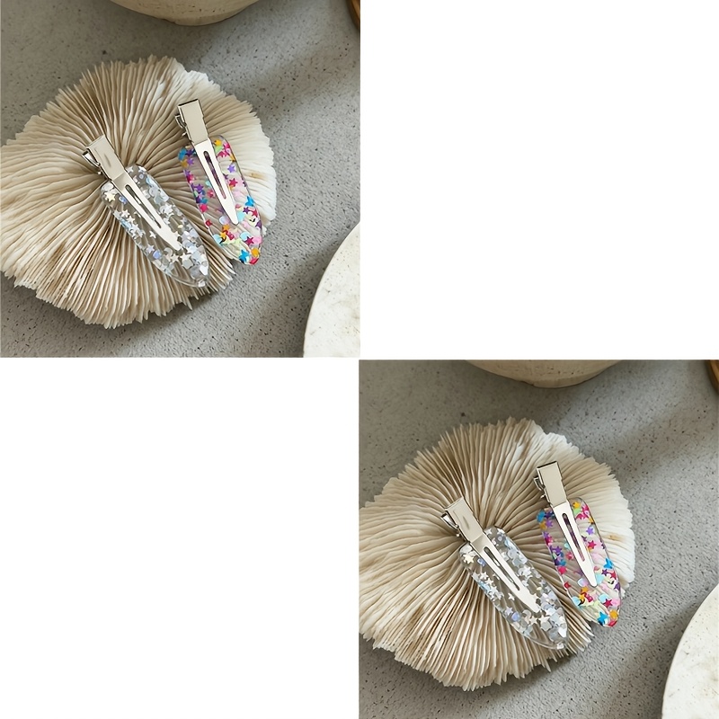 TEMU Lot de 4 pinces à cheveux en résine alligator holographiques étoile, lune et cœur, barrettes transparentes à paillettes de , épingles à cheveux