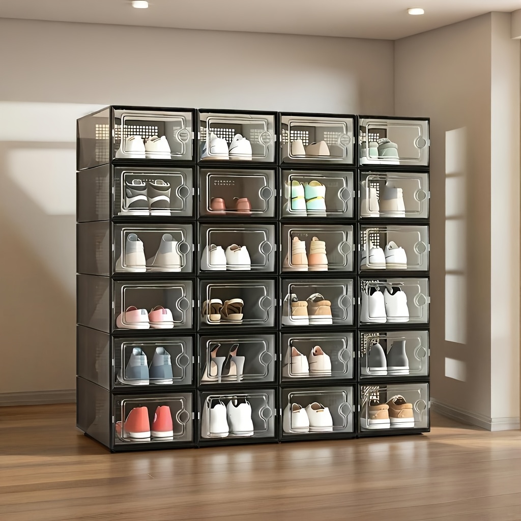 TEMU Boîtes à chaussures en plastique transparent épaissi (9.06*12.99*5.51in) avec couvercle à clip - Organisateur de rangement pliable, empilable,