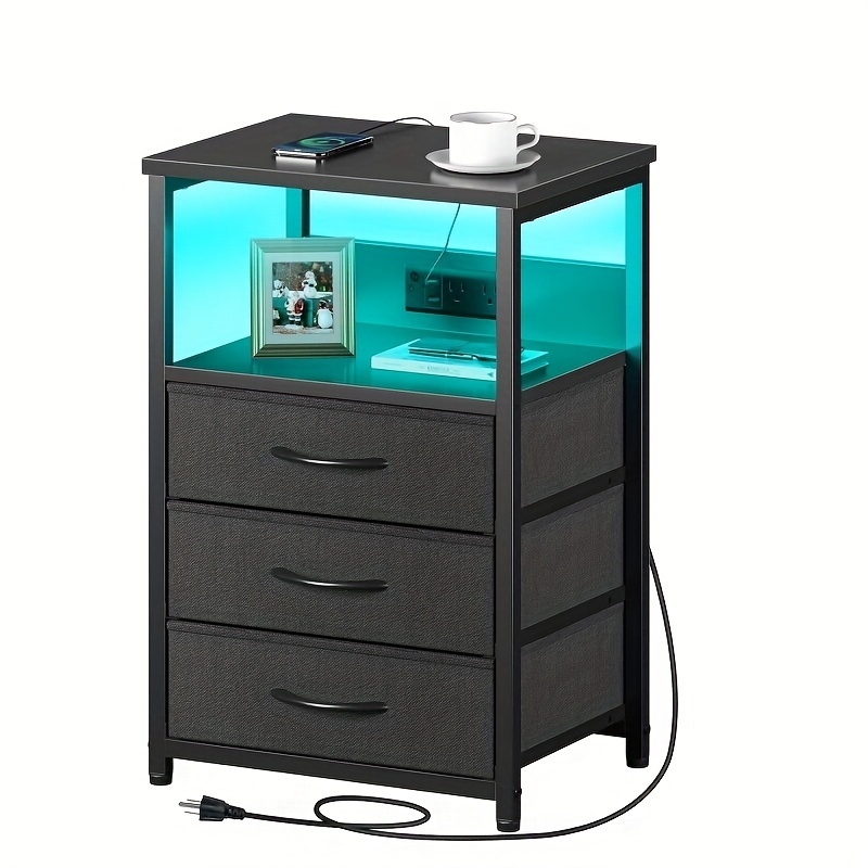 

Nightstand And Led , Side Table Drawers, Bedside End Table Usb And Outlets, For