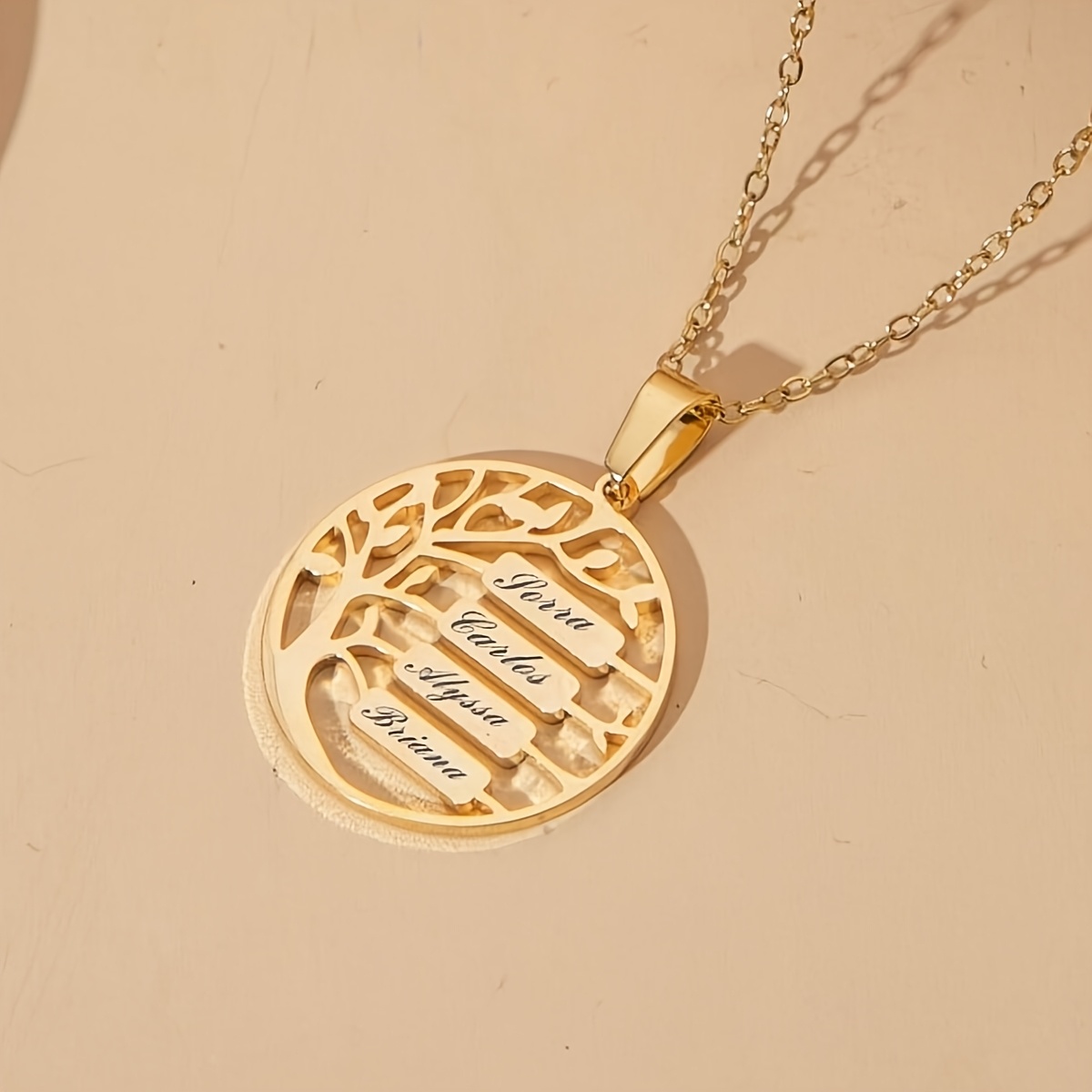 TEMU 1pc Of Personalized Custom Necklace, Custom Name Letter Number Tree Of Life Round Pendant Necklace, Stainless Steel Golden Silvery Tree Of Life