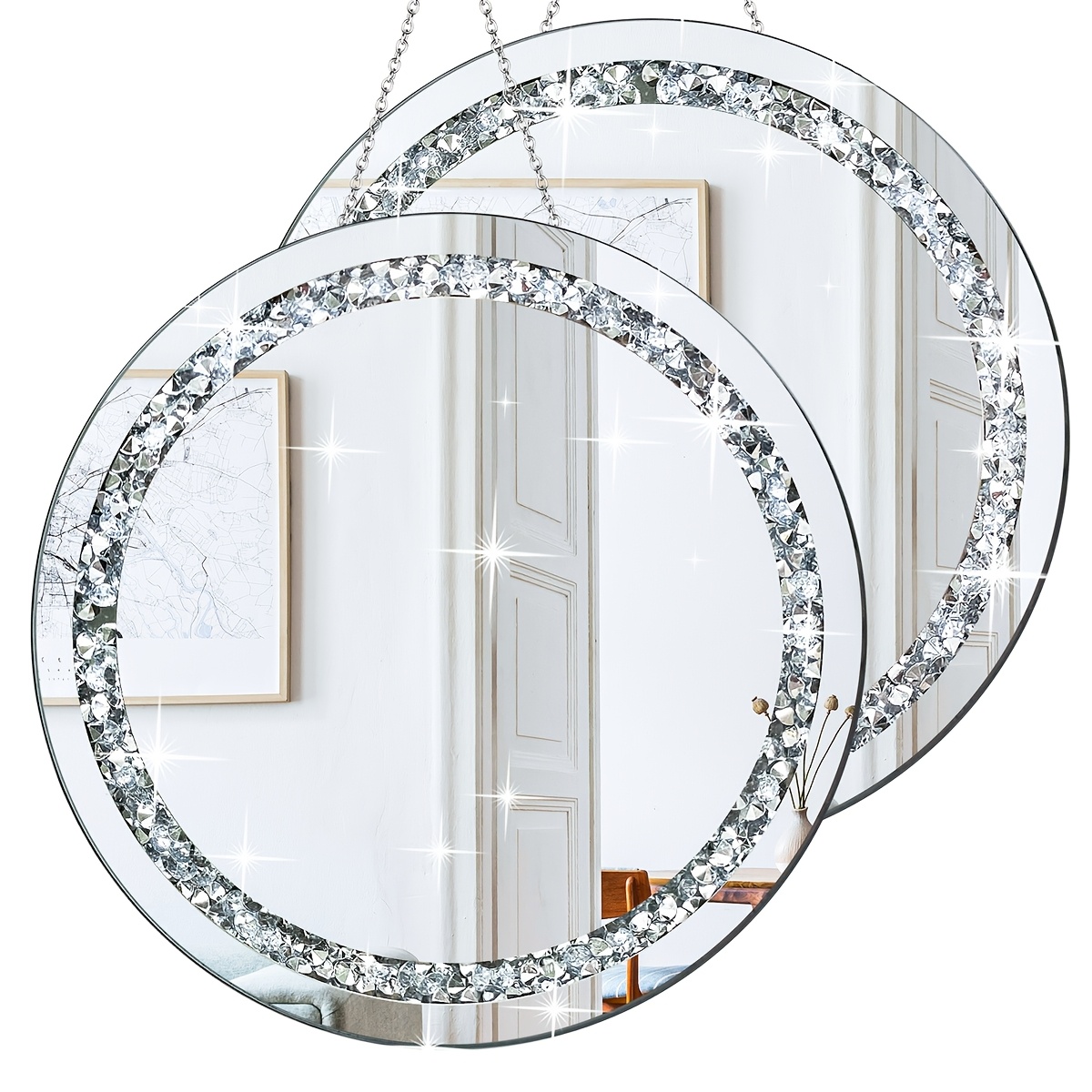 

2 Pack 12-inch Round Crystal Diamond Mirrors With Iron Chain, Silver Sparkling Wall-mounted Decorative Mirrors For Home Décor