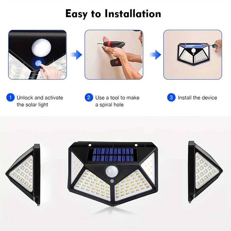 Luces solares de 100 LED para iluminación exterior de patios y calles con sensor de movimiento, ahorro de energía para jardines domésticos y uso en exteriores, luces LED de pared