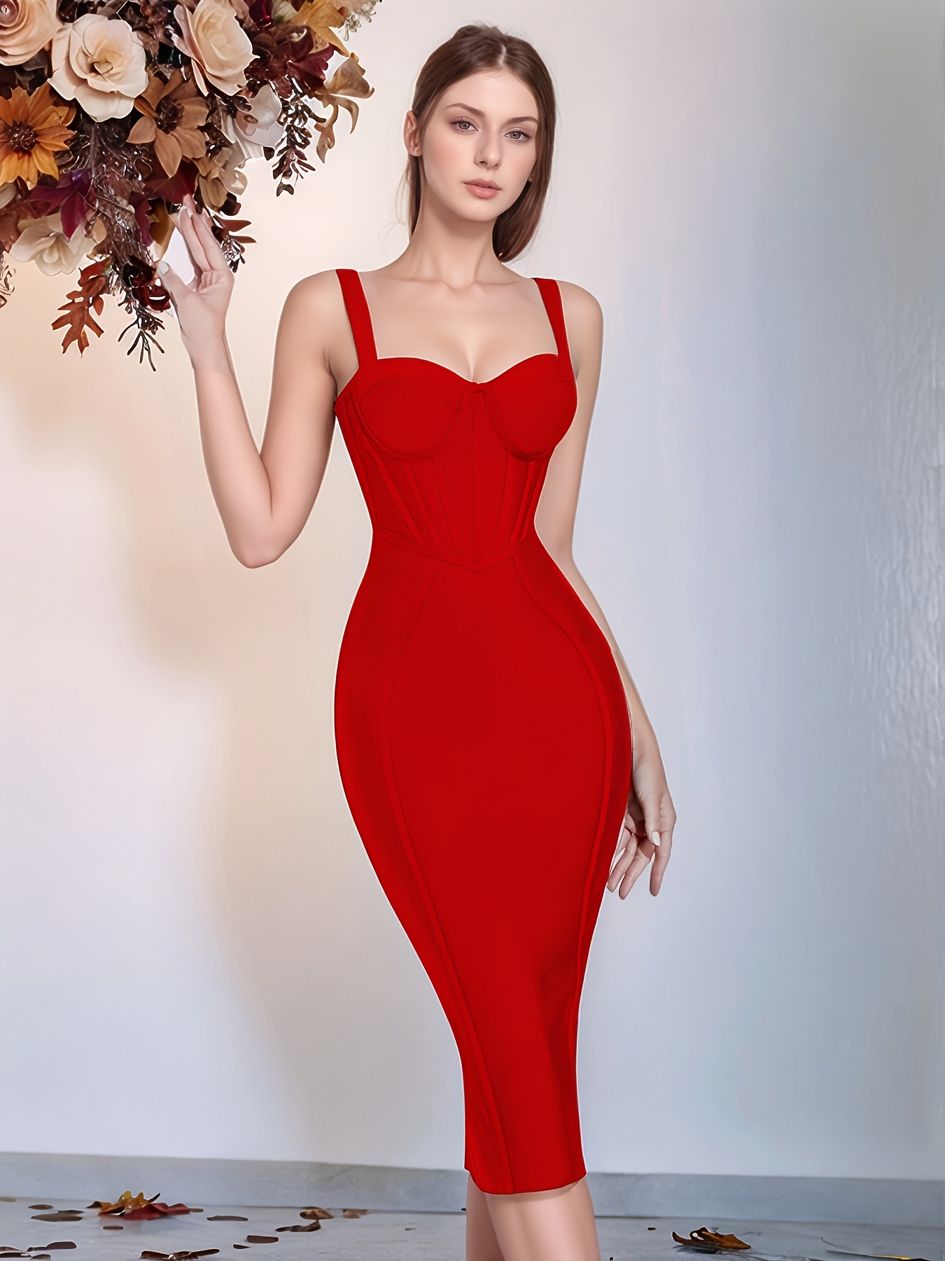 Women'S Elegant Red Bustier Zip Back Midi Dress, Polyester 95% Elastane 5%  Knit Fabric Slip Bodycon Cocktail Party Bandage with Spaghetti Strap - Main Image