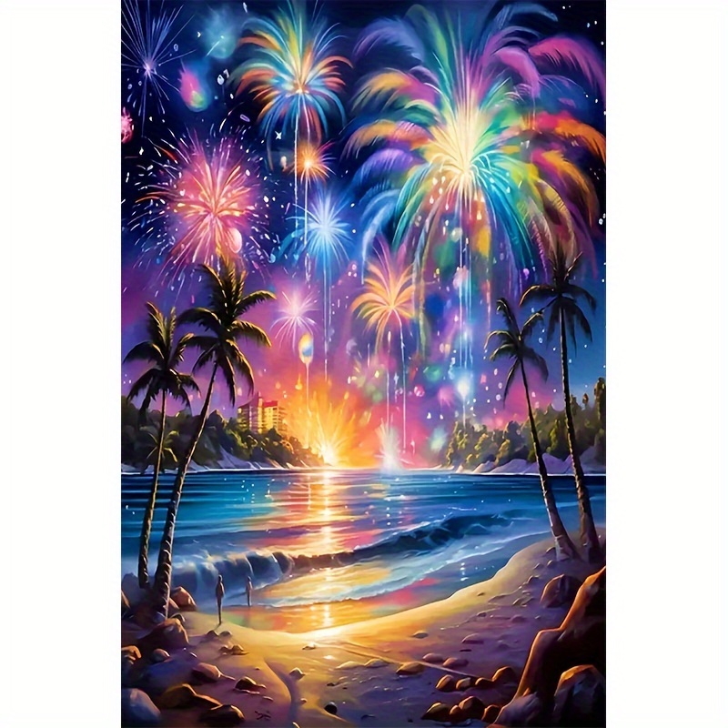 

5d Diy Diamond Painting Kit For Adults, Full Drill Round Acrylic Diamond Art Landscape Theme With Fireworks, Complete Diamond Painting Set For Wall Decor