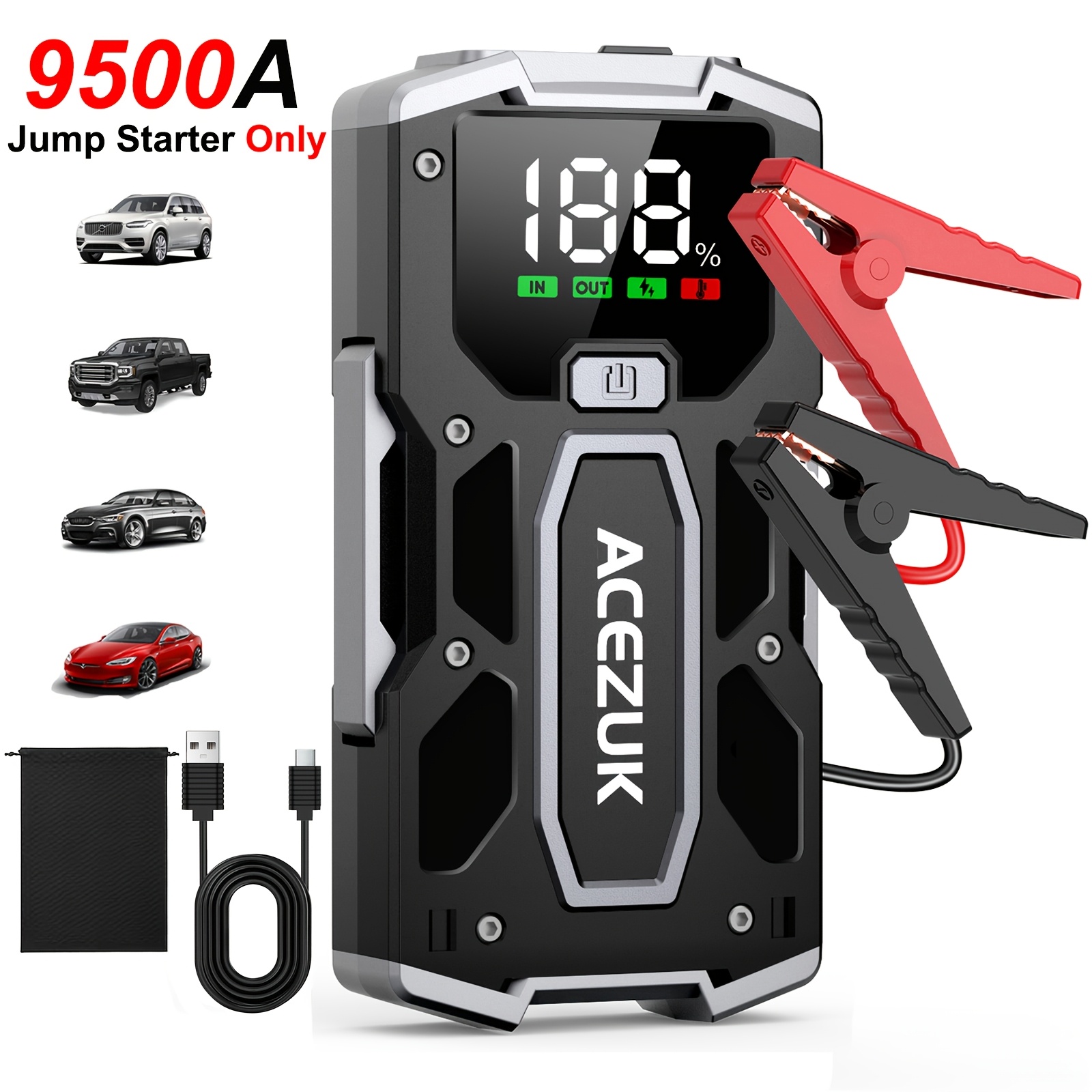 TEMU 9500a Car Jump Starter (all Gas Or 10.0l ), Large Display, Led Light, Portable Power Pack With Storage Bag, 12v Auto Battery Booster Jump Box