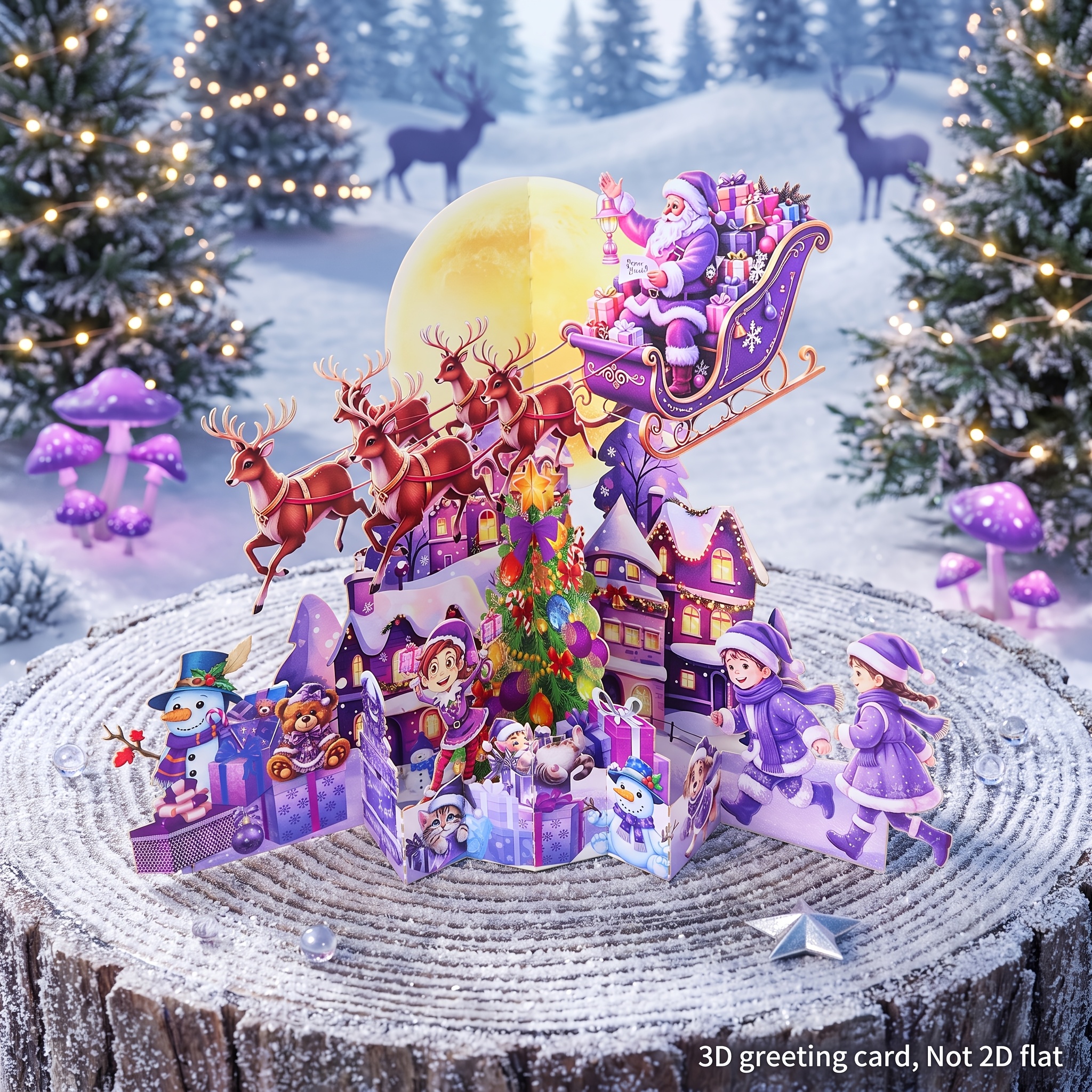 TEMU 3d Pop-up Greeting Card: Purple Santa Claus Sleigh In A Christmas Village Scene With Flying Reindeer, Snowman, Christmas Tree, And Gift Boxes.