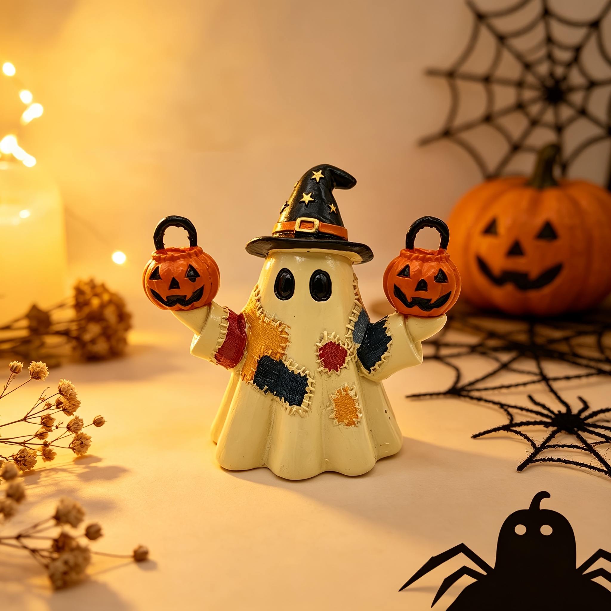 TEMU Halloween Resin Ornament, Adorable Wearing A Hat And Holding 2 Jack-o'-lanterns, Tabletop Decoration, Vintage Decor, Spookily Cute Ornament For