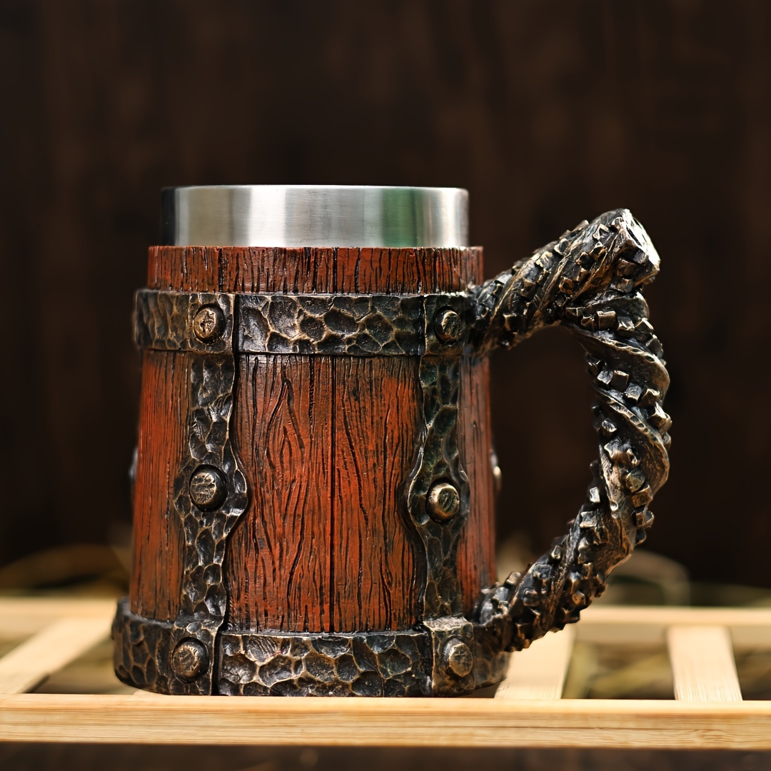 vintage 600ml large capacity barrel stainless steel coffee mug handcrafted wood like   with striped pattern insulated reusable metal beer   for home use ideal for christmas halloween easter thanksgiving fathers day gifts details 4