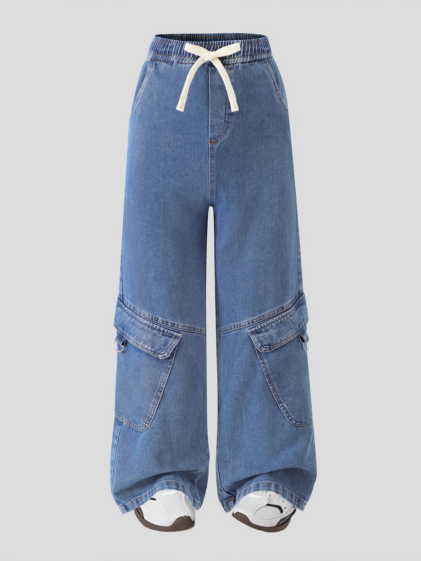 Youthful, Trendy, Casual, Elastic Waist Denim Work Pants for Outdoor Use, for Teenager