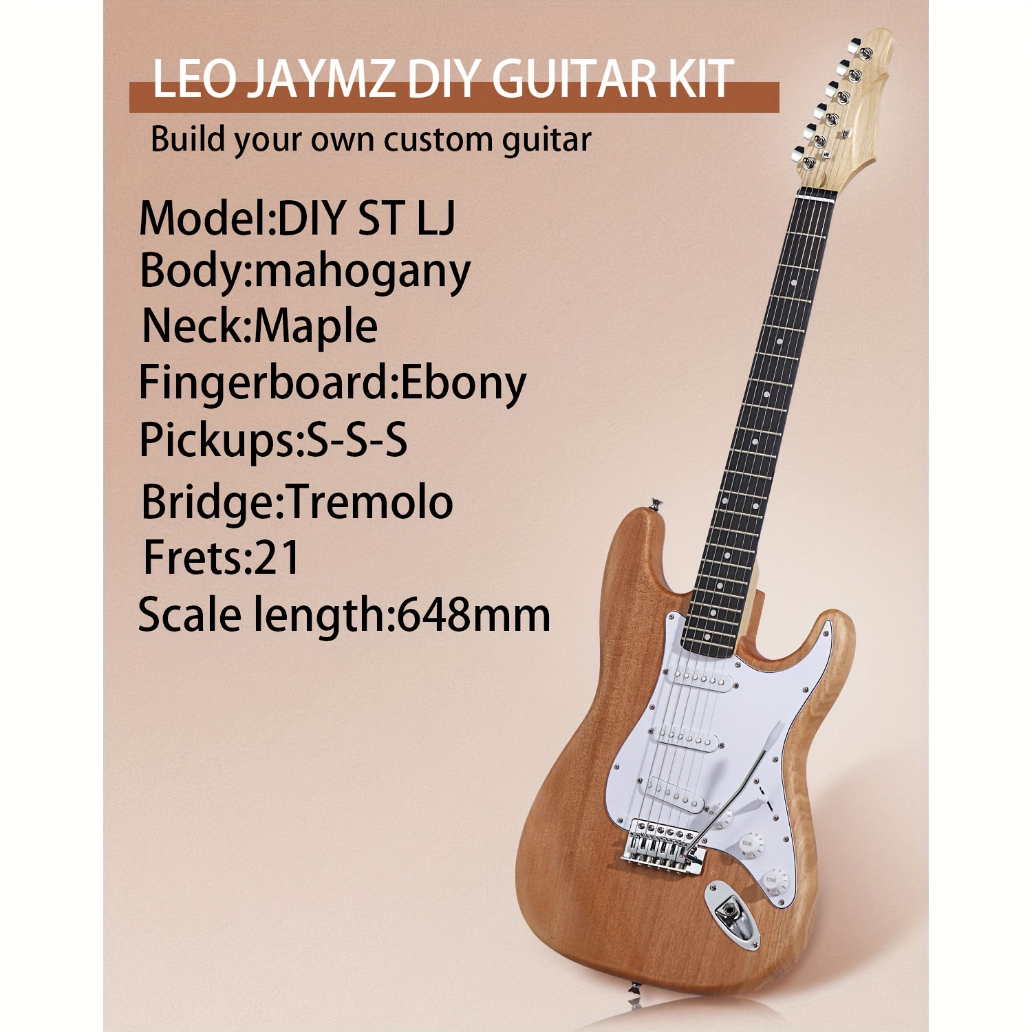 Leo Jaymz 1pc DIY Electric Guitar Kit - S-S-S Pickup Configuration, Ebony Fretboard, Maple Neck, Mahogany Body - Single Tremolo Bridge, 22 Frets, Fully Enclosed Tuning Pegs, Room Electrical Wiring