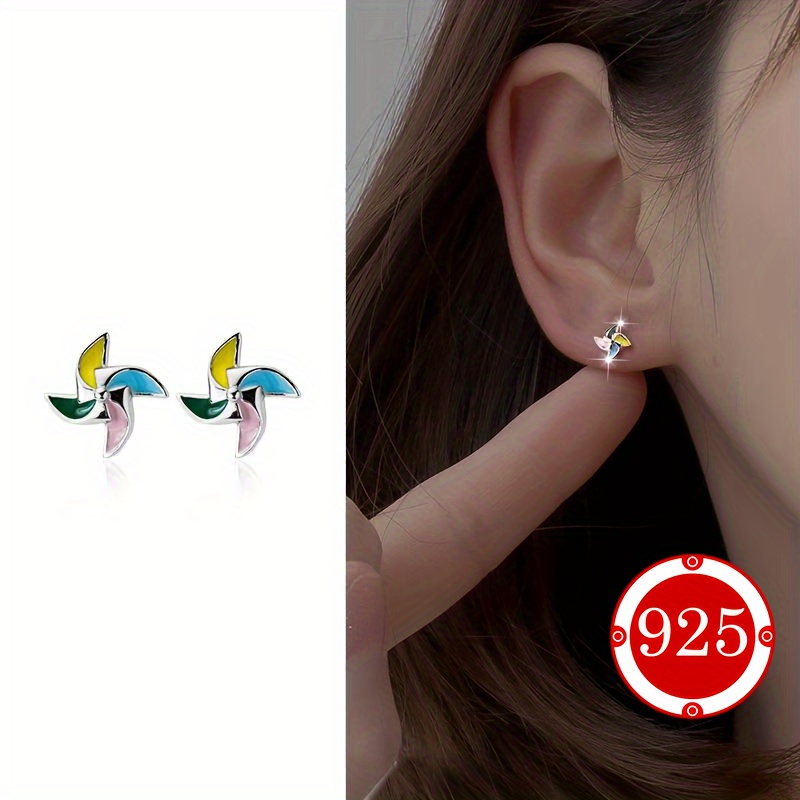 925 Sterling Silver Windmill Earrings Hypoallergenic Colorful Studs