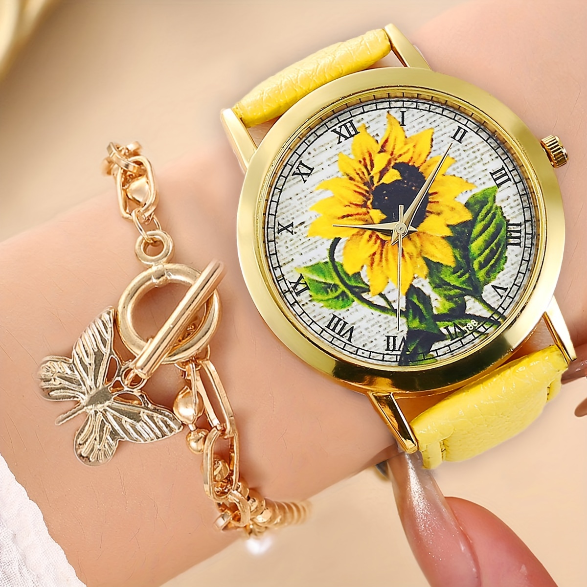 

1/2pcs/set Women's Casual Sunflower Quartz Watch Analog Pu Leather Wrist Watch & Bracelet, Gift For Mom Her