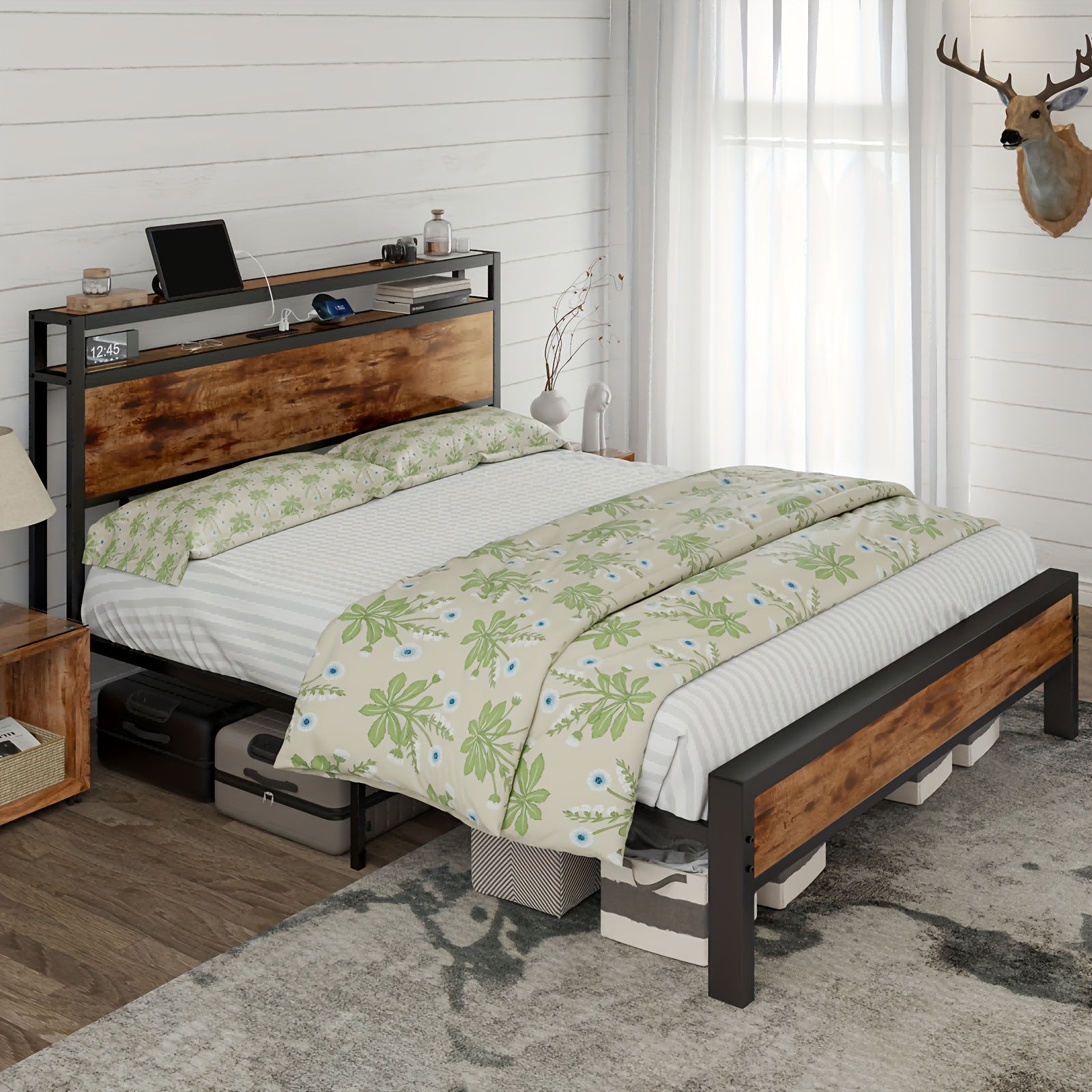 

Papajet Industrial Platform Bed Frame: Charging Station, 2-tier Storage Headboard, Noise-free, Spring Needed