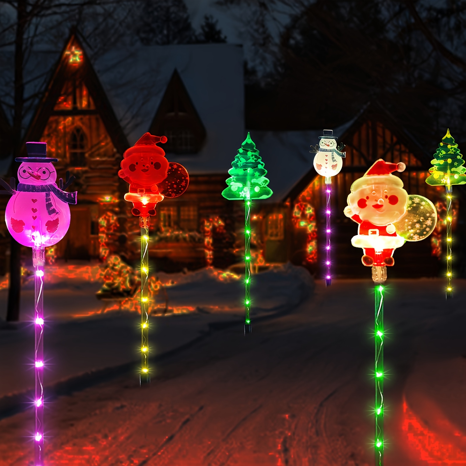 TEMU 6pcs Solar-powered Color-changing Christmas Lights, Snowman & Trees, Outdoor Festive Decor For Yard & Garden, 800mah Ni-mh Battery, Perfect For