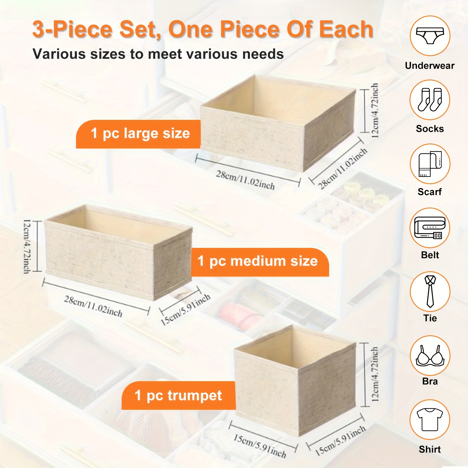 3-pack Dresser Organizer Bins For Nursery, Drawer Organizer Clothes, Closet Organization And Storage Dividers For Clothing, Clothes, Underwears, Socks (beige)