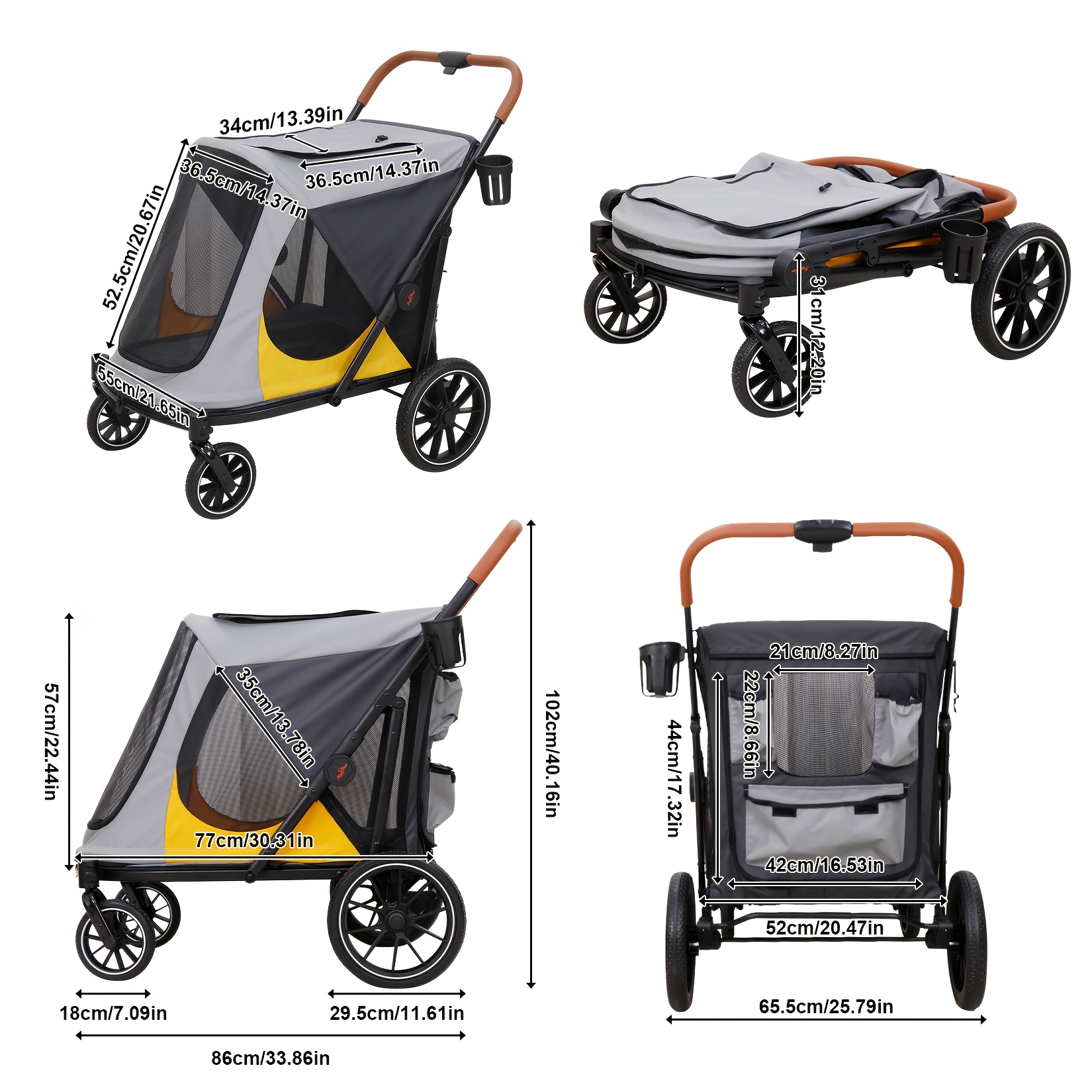 Large Dog Stroller with 4 Wheels: Foldable Pet Stroller for Medium Large Dogs Up to 42Kg, Dual Entry Pet Stroller with Mesh Windows, Storage Pocket, Cup Holder And Brake System, 86X65.5X102 Cm - Image 9