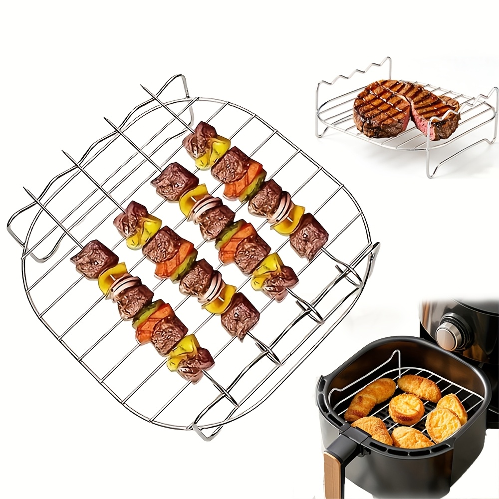 Freidora de Aire Portátil Versátil de Acero Inoxidable 304 con Parrilla y Brochetas - Apilable para Cocina en Horno, Microondas y Freidora de Aire, Ideal para Hornear, Cocer al Vapor y Panear - Regalo Perfecto, Utensilio de Cocina Duradero