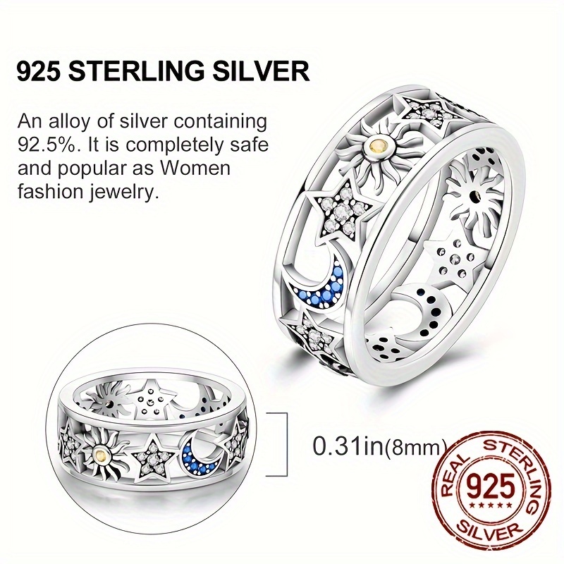 925 Silver Sun Moon Star Hollow Zirconia Ring Eid Ramadan Gift