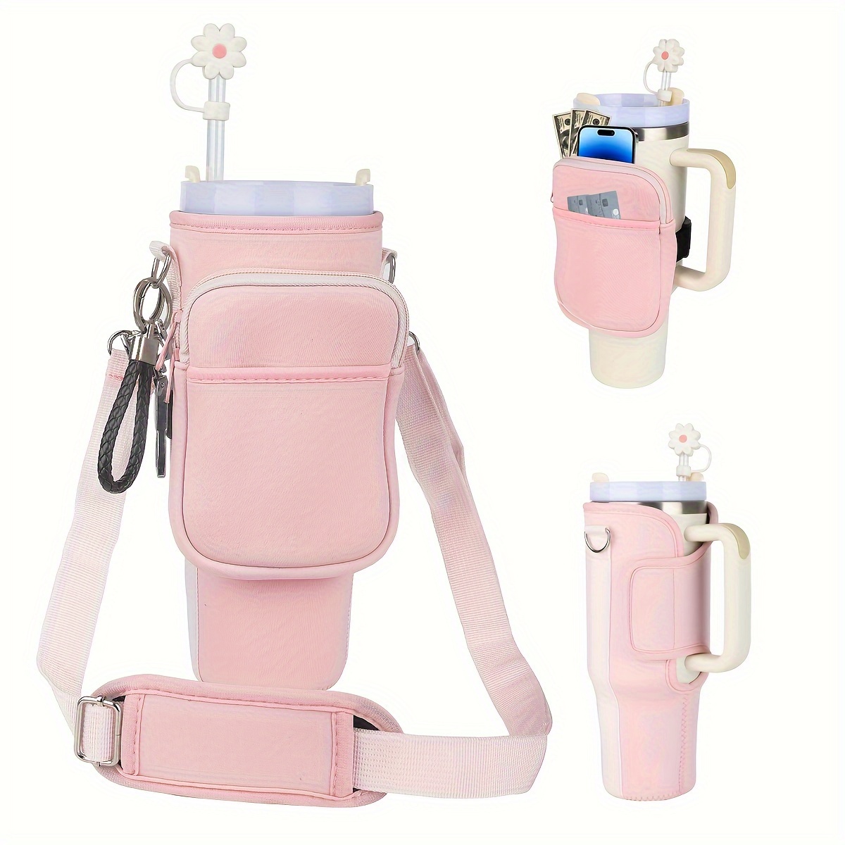 

Water Bottle Holder With Strap Compatible With Stanley Cup 40oz/simplem Morden 40oz Tumbler Hold, Water Bottle Carrier Bag With Adjustable Strap, Straw Cover & Carabiner For Hiking Camping