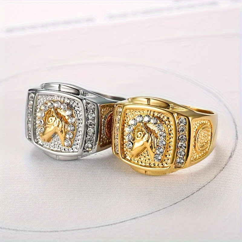 

1pc Fashion Inlaid Synthetic Gemstone Ring, Horse Head Men's Ring Wedding Ring