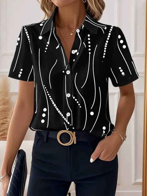 elegant dames zomershirt met gestreepte en stippenprint en korte mouwen