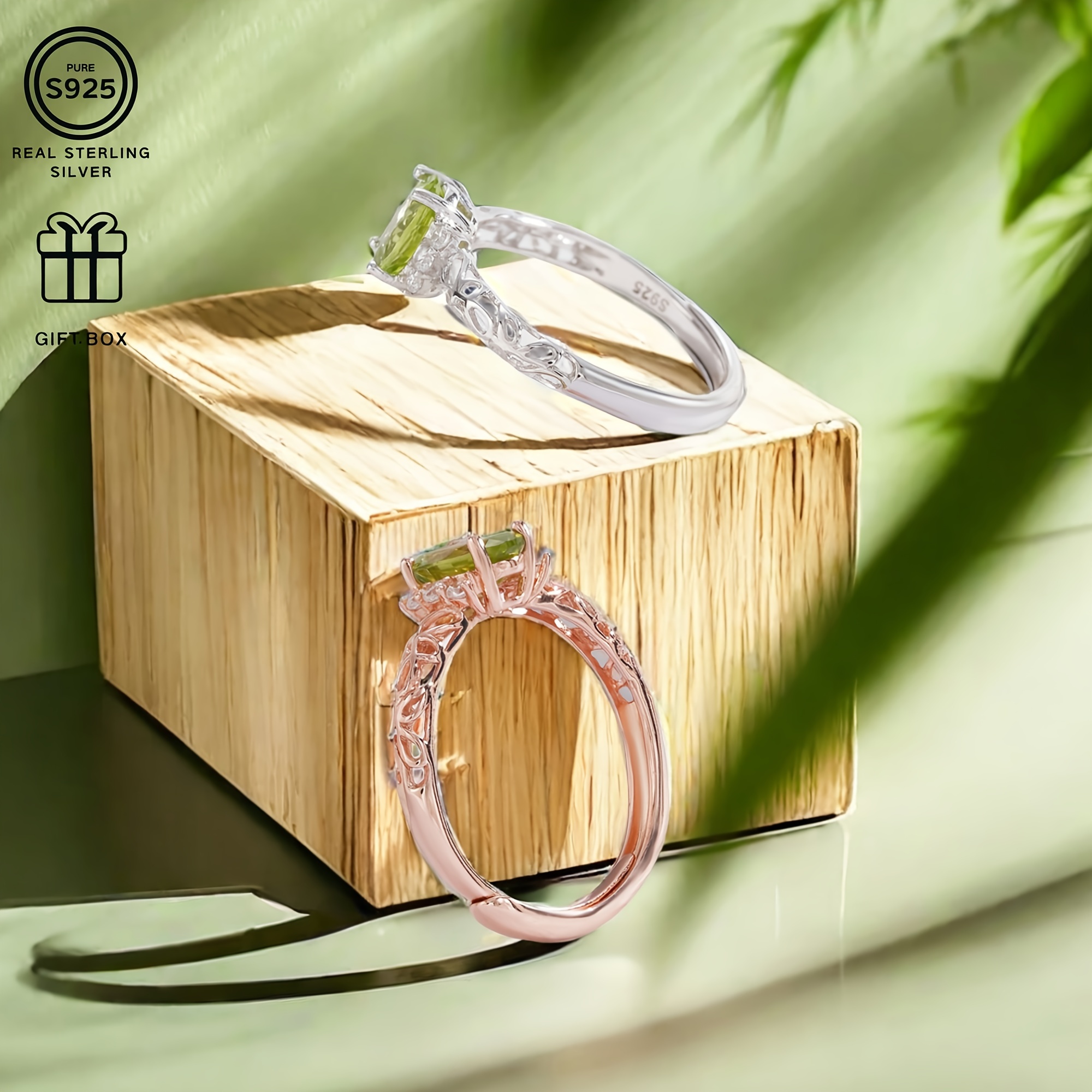 925 Silver Ring w/ Natural Gemstone Plated Hollow Pattern Lightweight