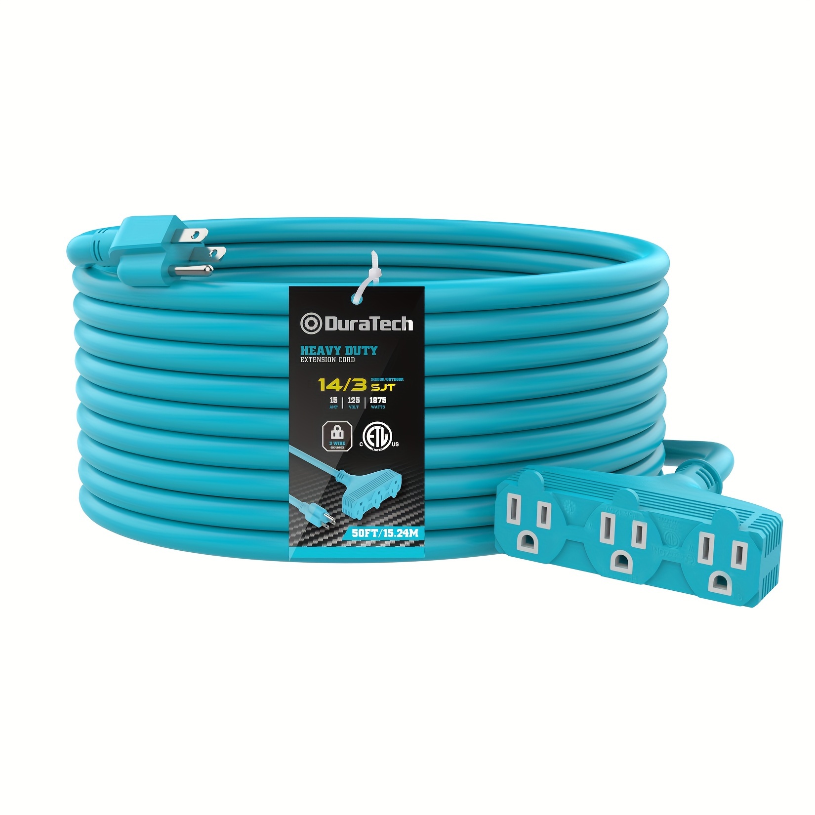 TEMU Duratech Extension Cord 25 Ft, Outdoor Extension Cord With Multiple Outlets, 14/3 Sjt, 15 Amps, 3 Prong Plug, Heavy Duty Extension Cord Power