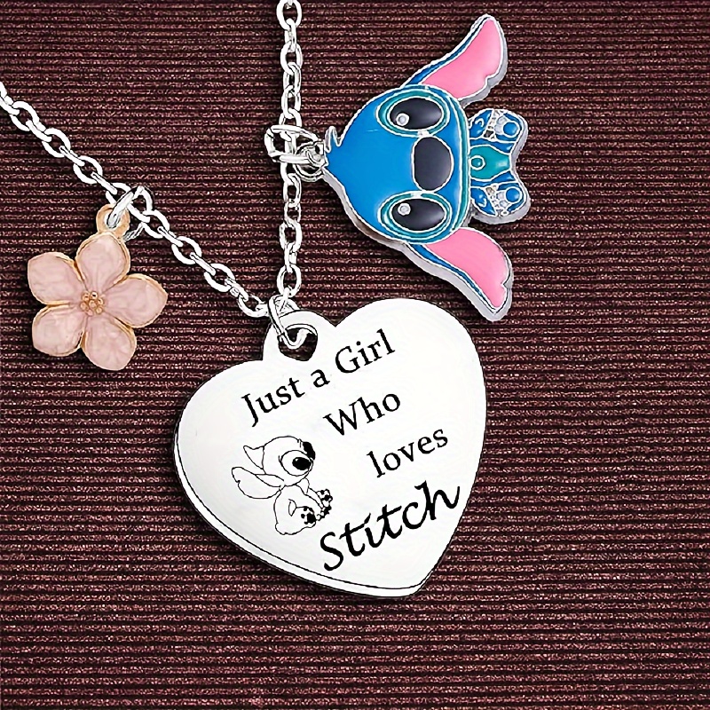 

1pc Disney Star Baby Stitch Necklace, Cute Cartoon Style Stitch & Flower Charm Decor Love Pendant Necklace Cute Jewelry, Party Gift