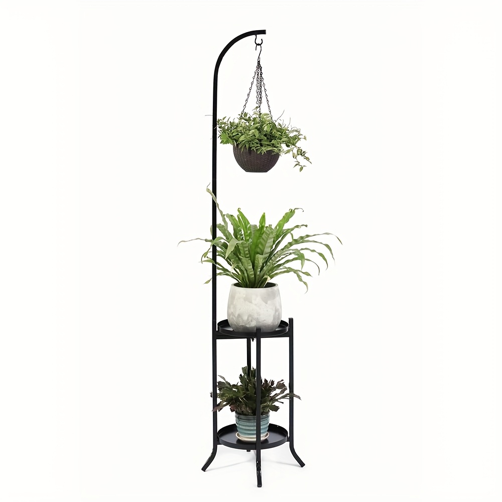 TEMU 2-tier Metal Plant Stand With Hanging Hook, Tall Multi-plant Holder, Indoor Outdoor Display Rack For Living Room Patio, Heavy-duty Corner Design