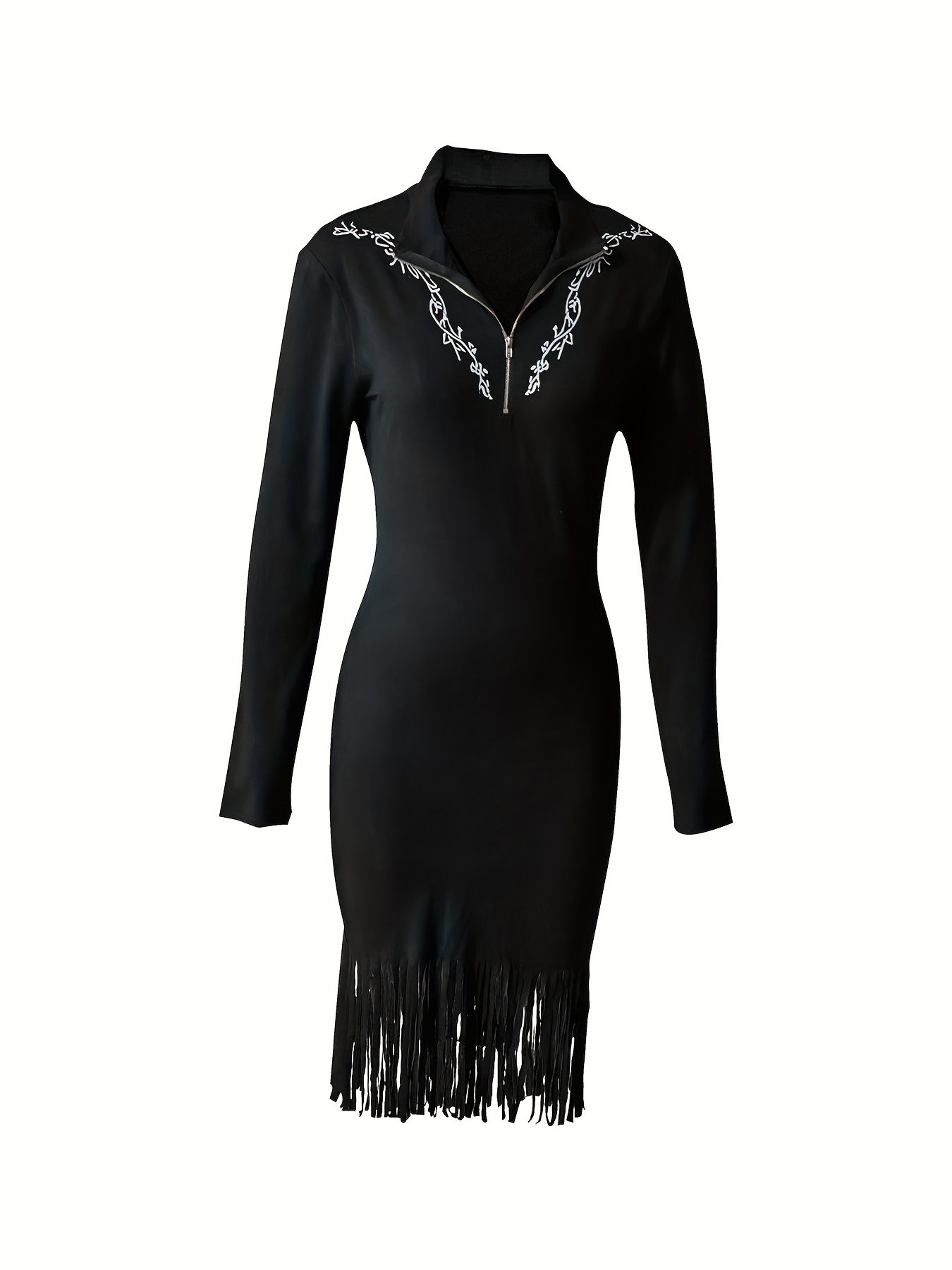 knee length dresses for ladies White Fringe Cut Out Lace Up Back Long Sleeves Dress main image 0