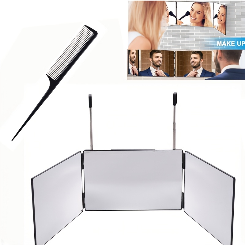 3-way Trifold Mirror And Comb, 360 Degree Rotating Folding Makeup Mirror With Hooks - Adjustable Height Bracket, Multifunctional Mirror For Self Haircut, Shaving, Beauty, Facial Grooming