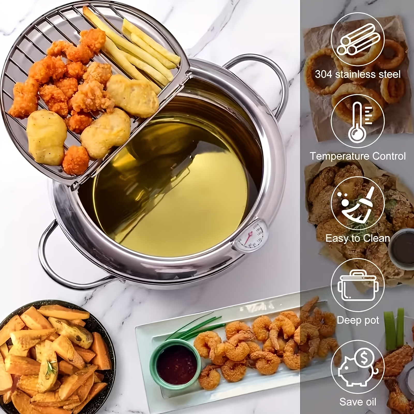 Image of Stainless Steel Deep Fryer Pot - 87.92oz Frying Pot With Thermometer & Oil Drip Rack - Perfect For , Fried Chicken, Fish, , Donuts - Home & Restaurant Use