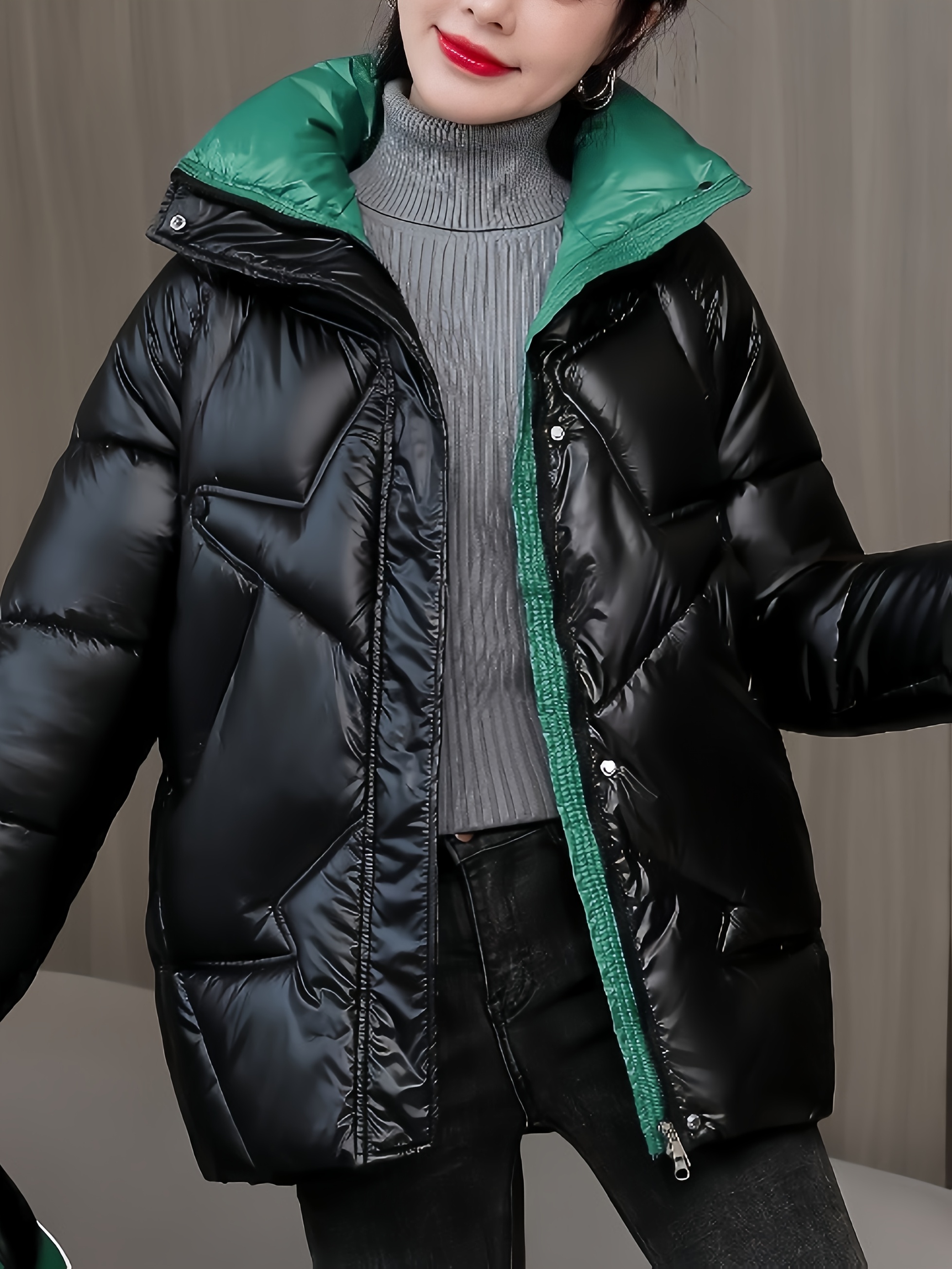 ζακέτα για γυναίκες για το χειμώνα - στυλική μαύρη εξωτερική στολή με πράσινο κομμάτι, θερμή και ελεύθερη, μακρύς σωλήνας, κλείσιμο με ζιπ, κασουλ κορεατικός στυλ, χειμωνιάτικη ζακέτα | στυλική χειμωνιάτικη ζακέτα | ζακέτα με ζιπ Στοιχεία είδους 3