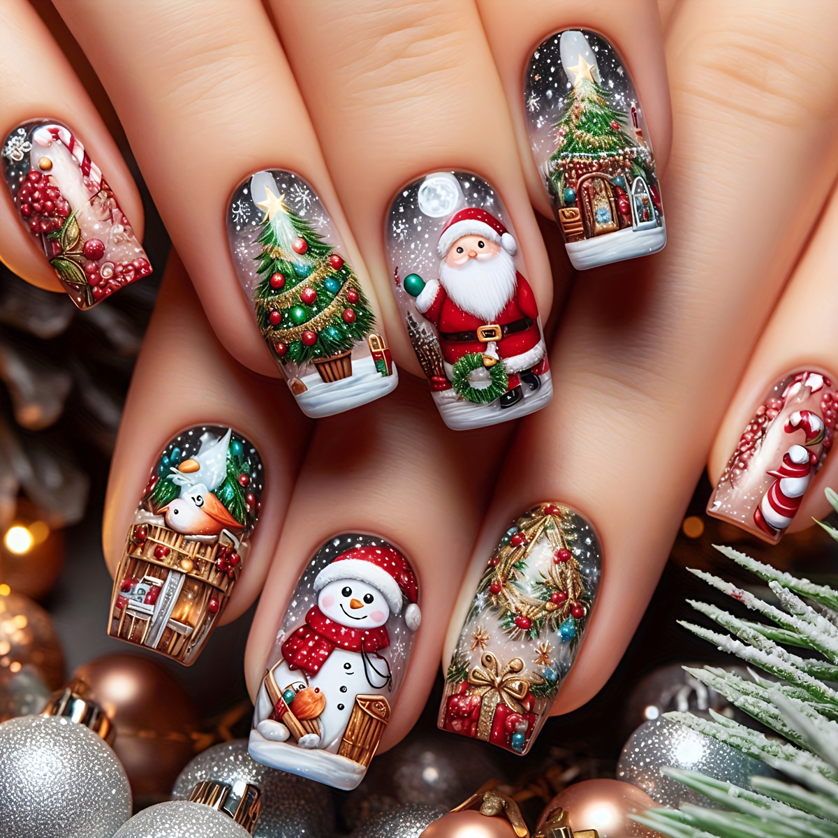 Image of Christmas 24pcs Medium-length Glossy Red Santa Claus And White Snowman Detachable Press-on Nails, Contrast Nail Stickers, Convenient For Holiday, Daily, And Party Use, Artificial Nails