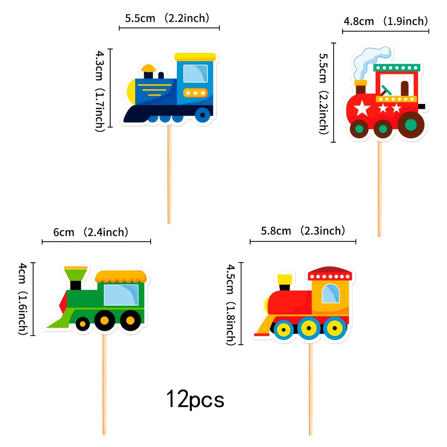 TEMU 12 Sets Of Colorful Train Themed Cake Toppers With Blue, Red, Green, And Designs For Birthdays, Party Atmosphere Decoration, Birthday Dress Up,